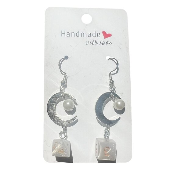 Pearl White Dungeon & Dragons Dice with Silver Moon Dangling Earrings - Picture 1 of 4
